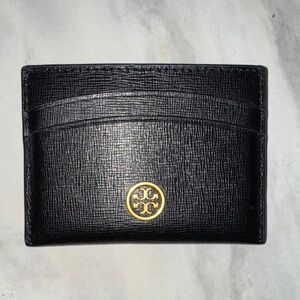 Tory Burch Black Leather Card Holder with Gold Emblem